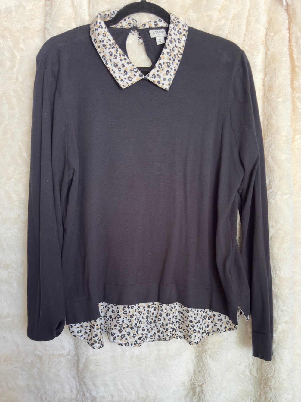JCrew Black Layered-Look Sweater with Leopard Print Collar and Hem